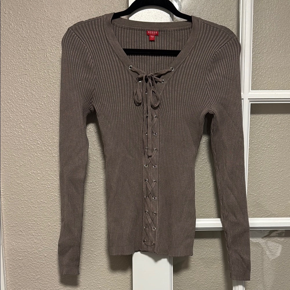 Guess Brown Ribbed Lace-Up Women's Top
